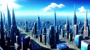 futuristic city daytime blue sky sci-fi