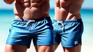 Toned guy in a swim short on a beach hyperrealistic