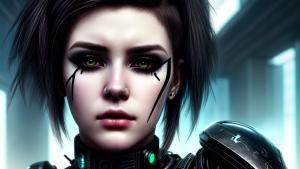 ultra realistic close up portrait ((beautiful pale cyberpunk female with heavy black eyeliner))