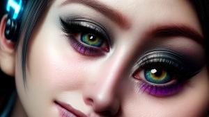 ultra realistic close up portrait ((beautiful pale cyberpunk female with heavy black eyeliner))