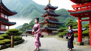 Warrior Japanese Girl in Kimono in front of a pagoda - Oriental art