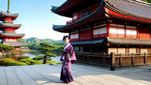 Warrior Japanese Girl in Kimono in front of a pagoda - Oriental art