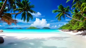 Summer Beach in Seychelles with palms and white sand