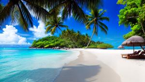 Summer Beach in Seychelles with palms and white sand