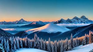 Snowy mountain peaks and pine forest