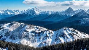 Snowy mountain peaks and pine forest