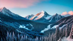 Snowy mountain peaks and pine forest