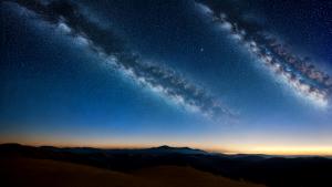 Minimal night landscape starry sky, crescent, hills