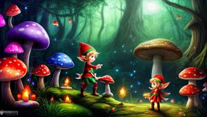 Cute elf in a magical forest with glwoing mushrooms and fireflies fantasy art