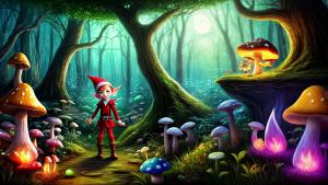 Cute elf in a magical forest with glwoing mushrooms and fireflies fantasy art