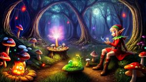 Cute elf in a magical forest with glwoing mushrooms and fireflies fantasy art