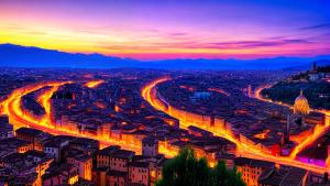 purple sunset above an Italian city