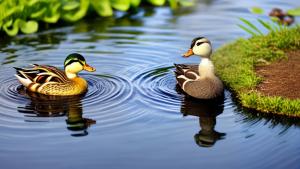 Little duck near a beautiful pond.