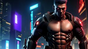 muscular cyberpunk guy hyperrealistic, full body, detailed clothing, highly detailed, cinematic lighting