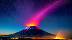 Mount Fuji night eruption