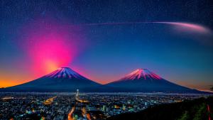 Mount Fuji night eruption