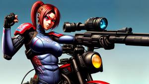 Tattooed cyborg sniper girl with a motorbike