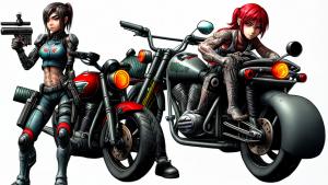 Tattooed cyborg sniper girl with a motorbike