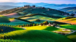 Rolling hills of Tuscany with cypresses at the afterglow