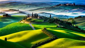 Rolling hills of Tuscany with cypresses at the afterglow