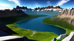 3D CGI landscape rocky mountains and a lake