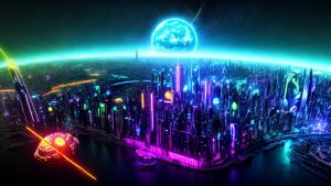 Futuristic metropolis neon digital planet