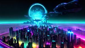 Futuristic metropolis neon digital planet