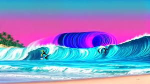 Vaporwave beach with a surfer on a huge wave