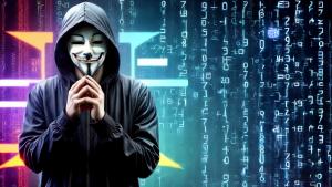 anonymous hacker with binary code rain