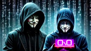 anonymous hacker with binary code rain