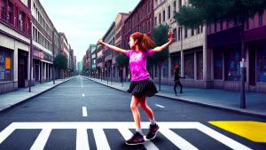 Realistic lone girl dancing in the empty street painting filter