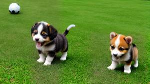 Chibi puppy playing in the garden with a ball