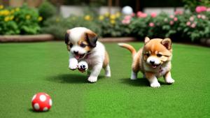 Chibi puppy playing in the garden with a ball