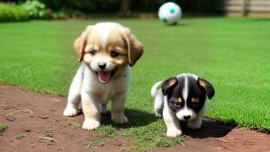 Chibi puppy playing in the garden with a ball