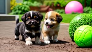 Chibi puppy playing in the garden with a ball