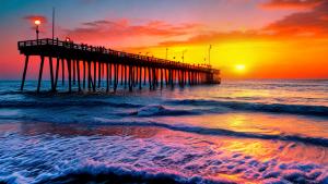 Burning sunset pier ocean digital