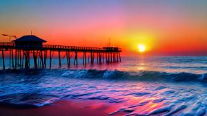 Burning sunset pier ocean digital