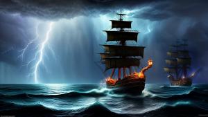 Fantasy pirate ship thunderstorm night storm seawaves