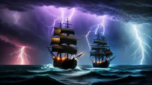 Fantasy pirate ship thunderstorm night storm seawaves