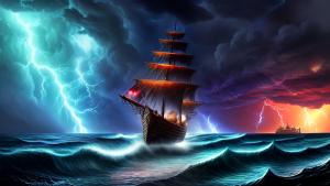 Fantasy pirate ship thunderstorm night storm seawaves