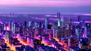 Aesthetic anime cityscape pale purple