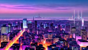 Aesthetic anime cityscape pale purple