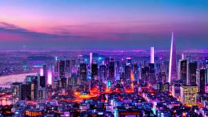 Aesthetic anime cityscape pale purple