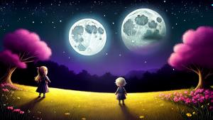 Alone little girl field moon night cartoon