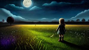 Alone little girl field moon night cartoon