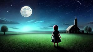 Alone little girl field moon night cartoon