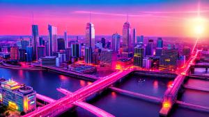 Pink retro city sunset