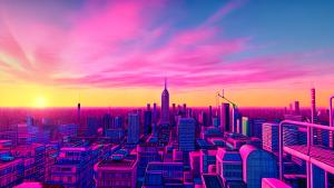 Pink retro city sunset