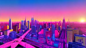 Pink retro city sunset