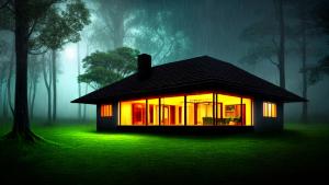 A rainy night and a surreal house in forest